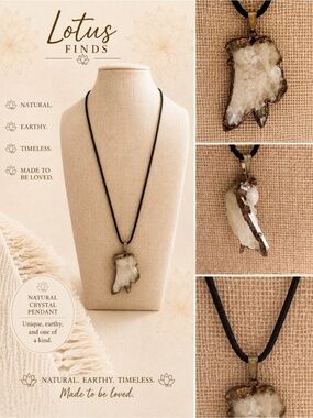 Boho Raw Crystal Pendant Necklace Black Cord Statement Jewelry